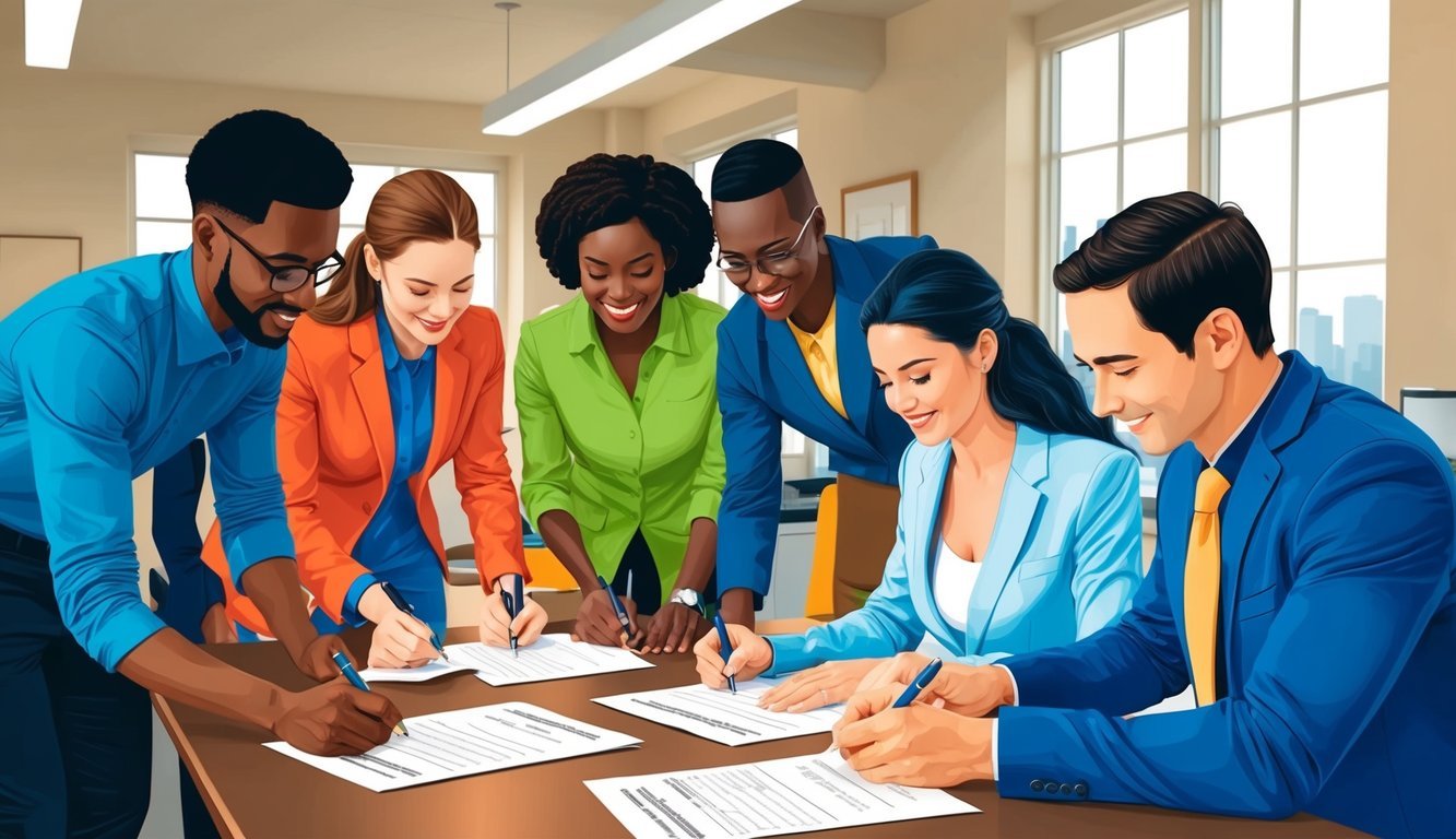 A group of diverse employees signing release forms at a table in a well-lit office setting