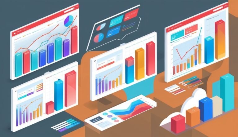 Isometric view of multiple data charts and graphs on screens