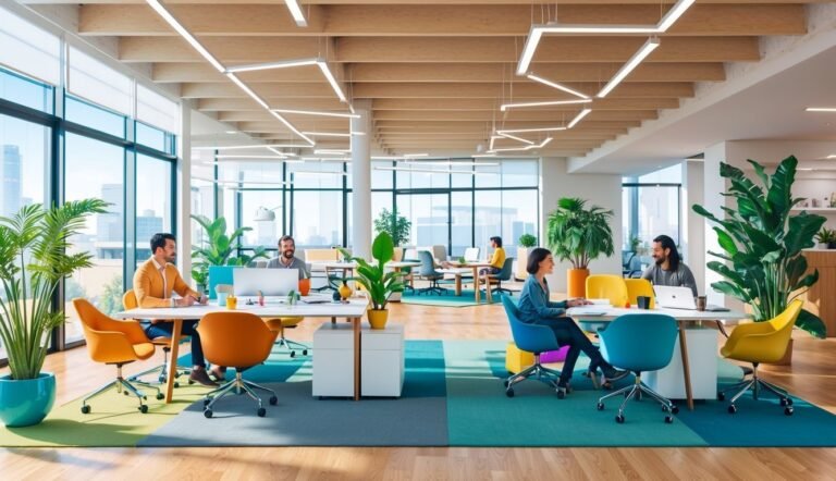 Modern office space with people working at desks and plants