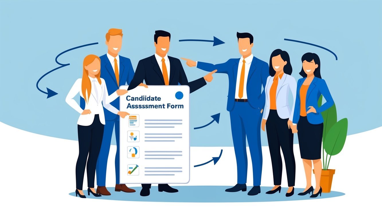 A group of employees pointing to a candidate assessment form, with arrows indicating the referral process