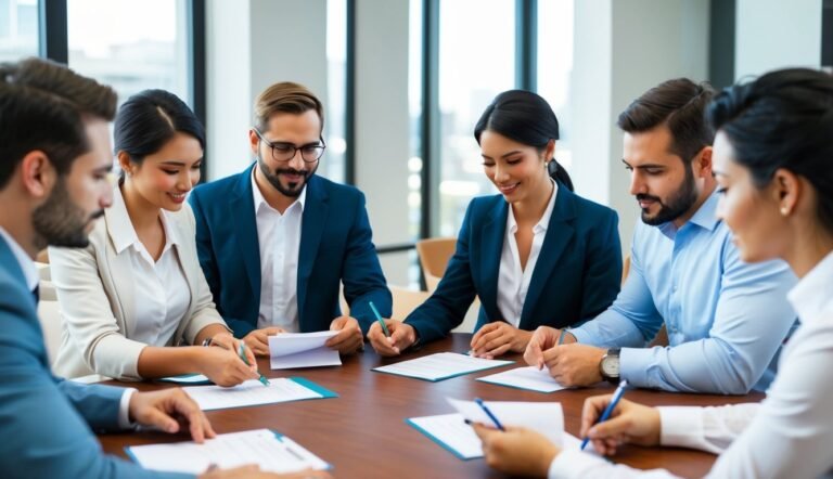 Business team in suits reviewing documents around a conference table
