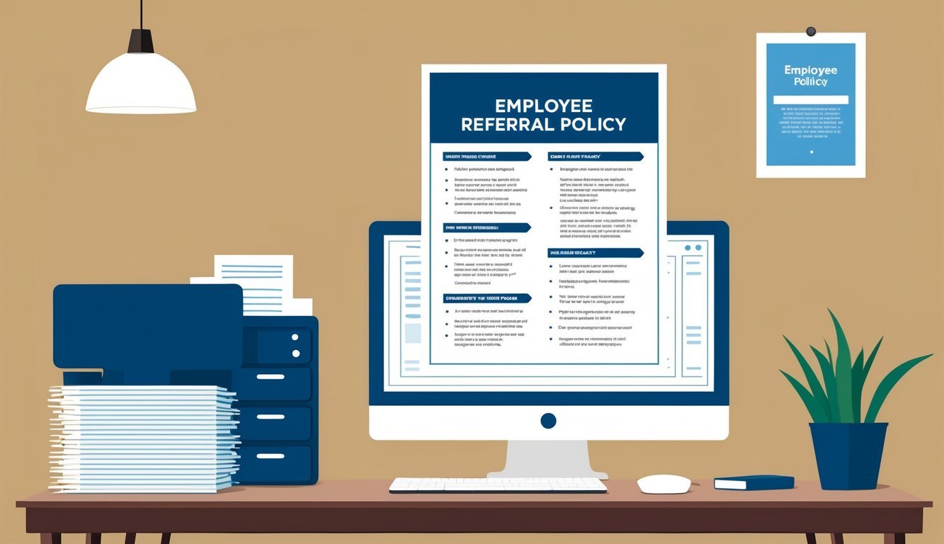 An office desk with a computer, a stack of papers, and a poster outlining the employee referral policy