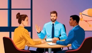 Three business people in a meeting, discussing around a table