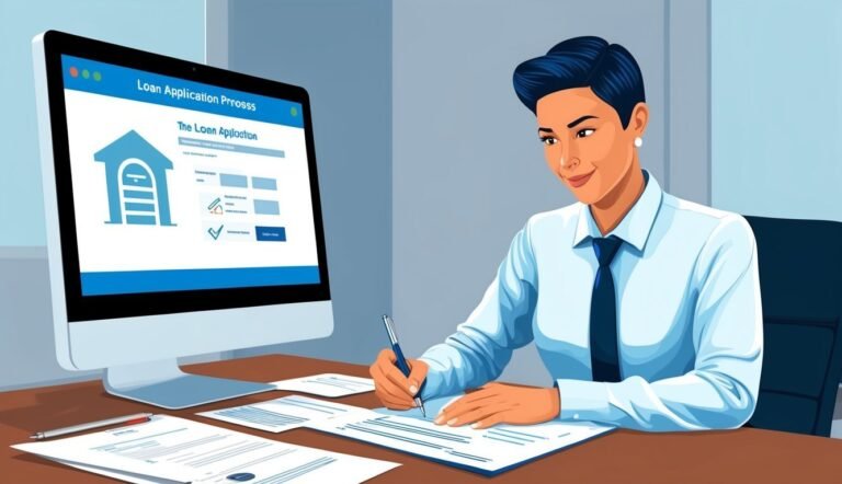 Woman filling out loan application with computer screen in the background