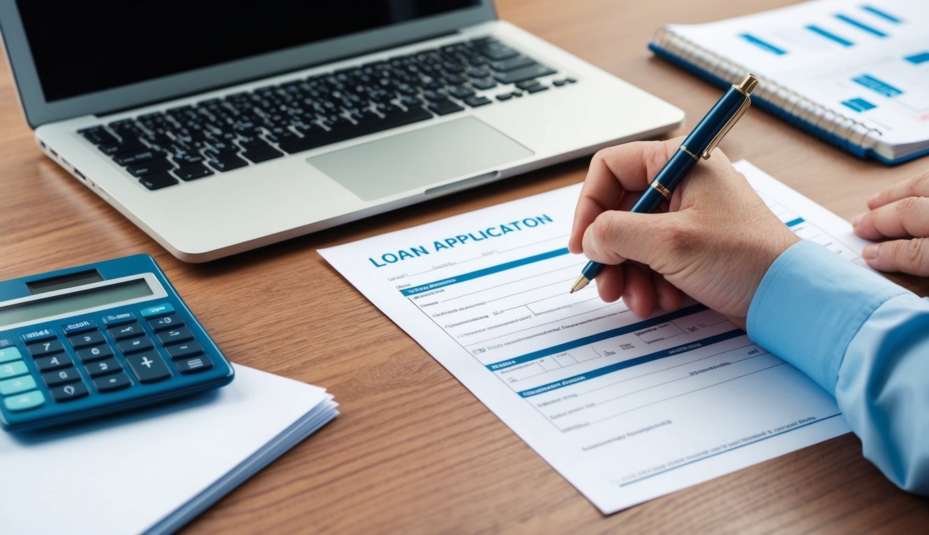 A desk with a laptop, paperwork, and a calculator.</p><p>A hand holding a pen fills out a loan application form