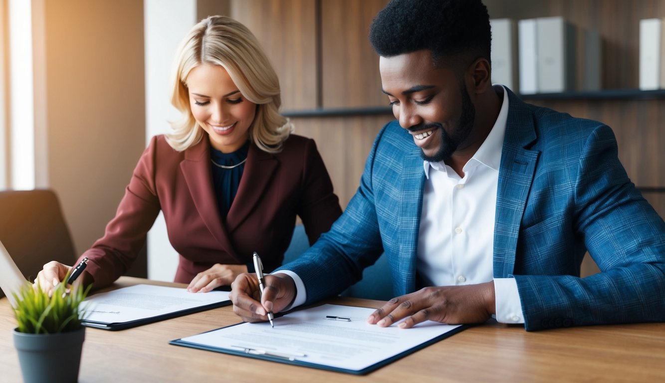 A person signing a loan agreement with a financial advisor overseeing the process