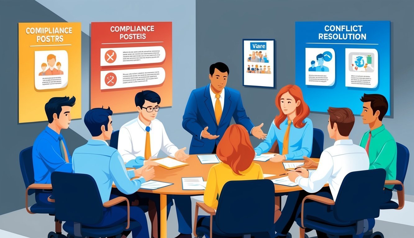 Business meeting with people around a table, compliance and conflict resolution posters