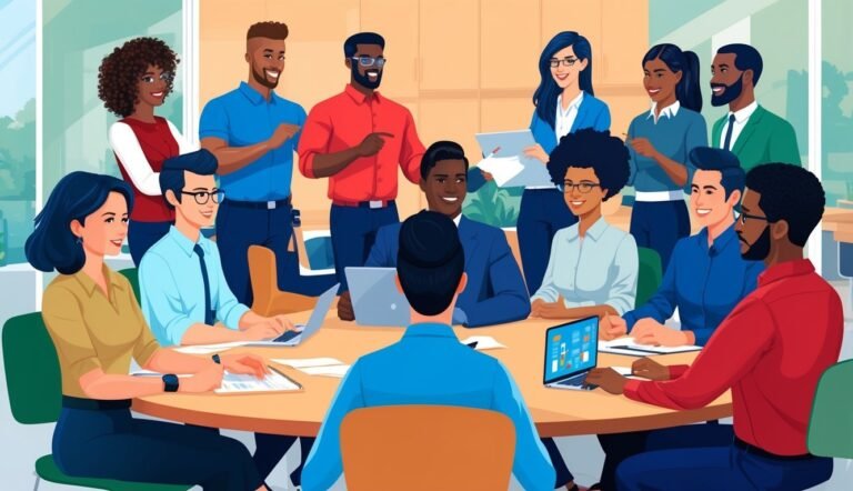 Diverse group of people in a meeting around a round table with laptops