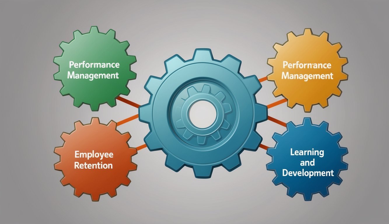 A group of interconnected gears symbolizing the integration of performance management, measurement, employee retention, and learning and development