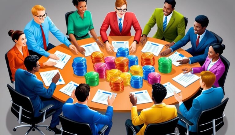 Business team around a table with documents and stacks of coins