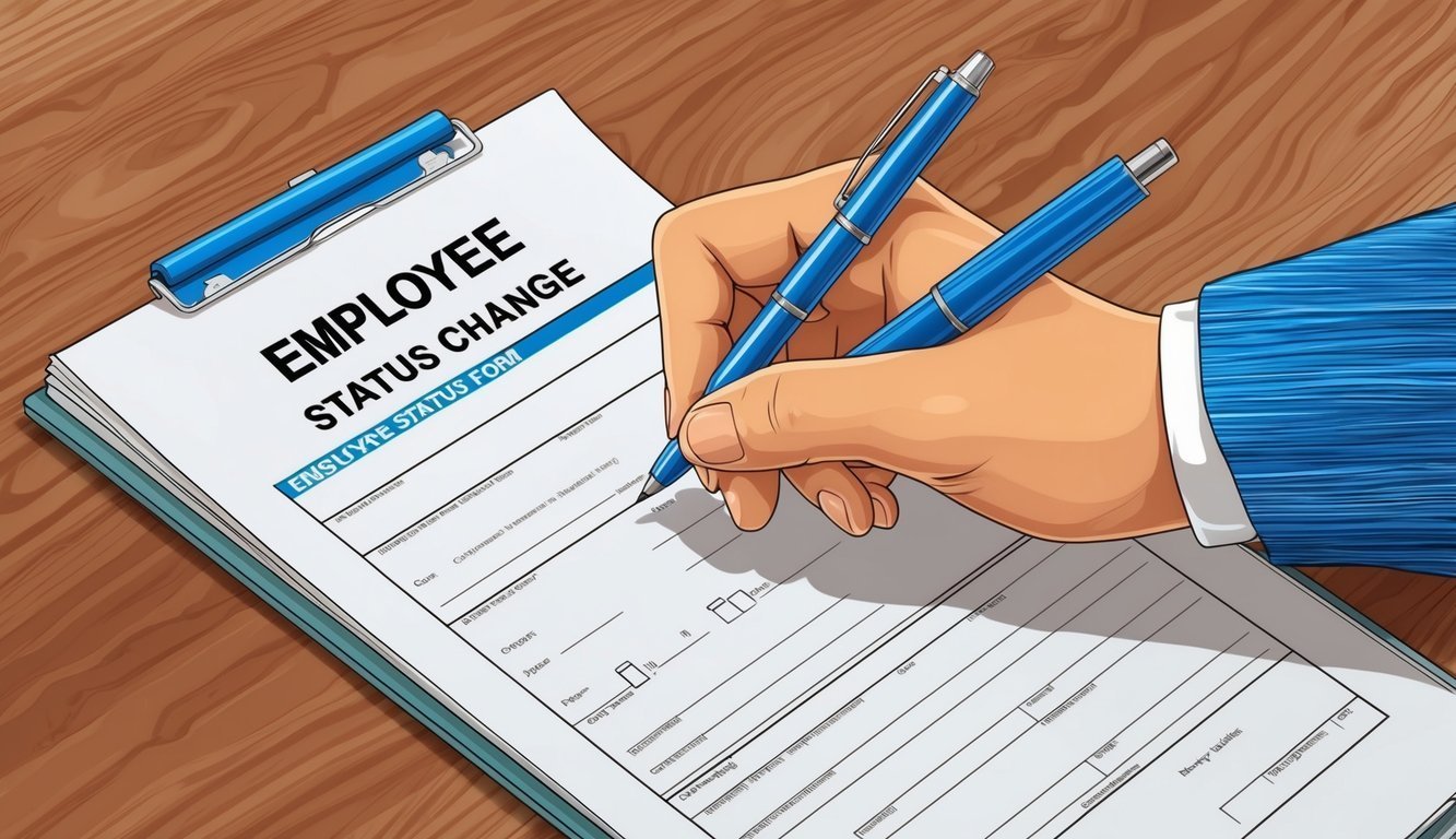 Hand writing on an employee status change form with blue pens