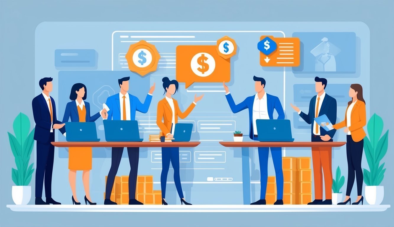 Business team discussing financial data with dollar symbols and laptops