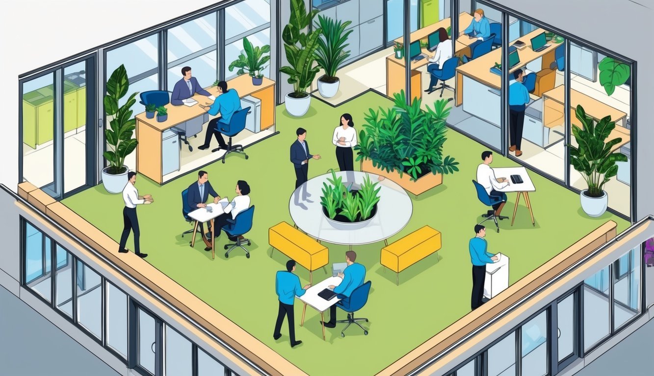 An open office space with natural light, modern furniture, and vibrant greenery.</p><p>Team members collaborate around a central communal area, fostering a positive and inclusive work culture