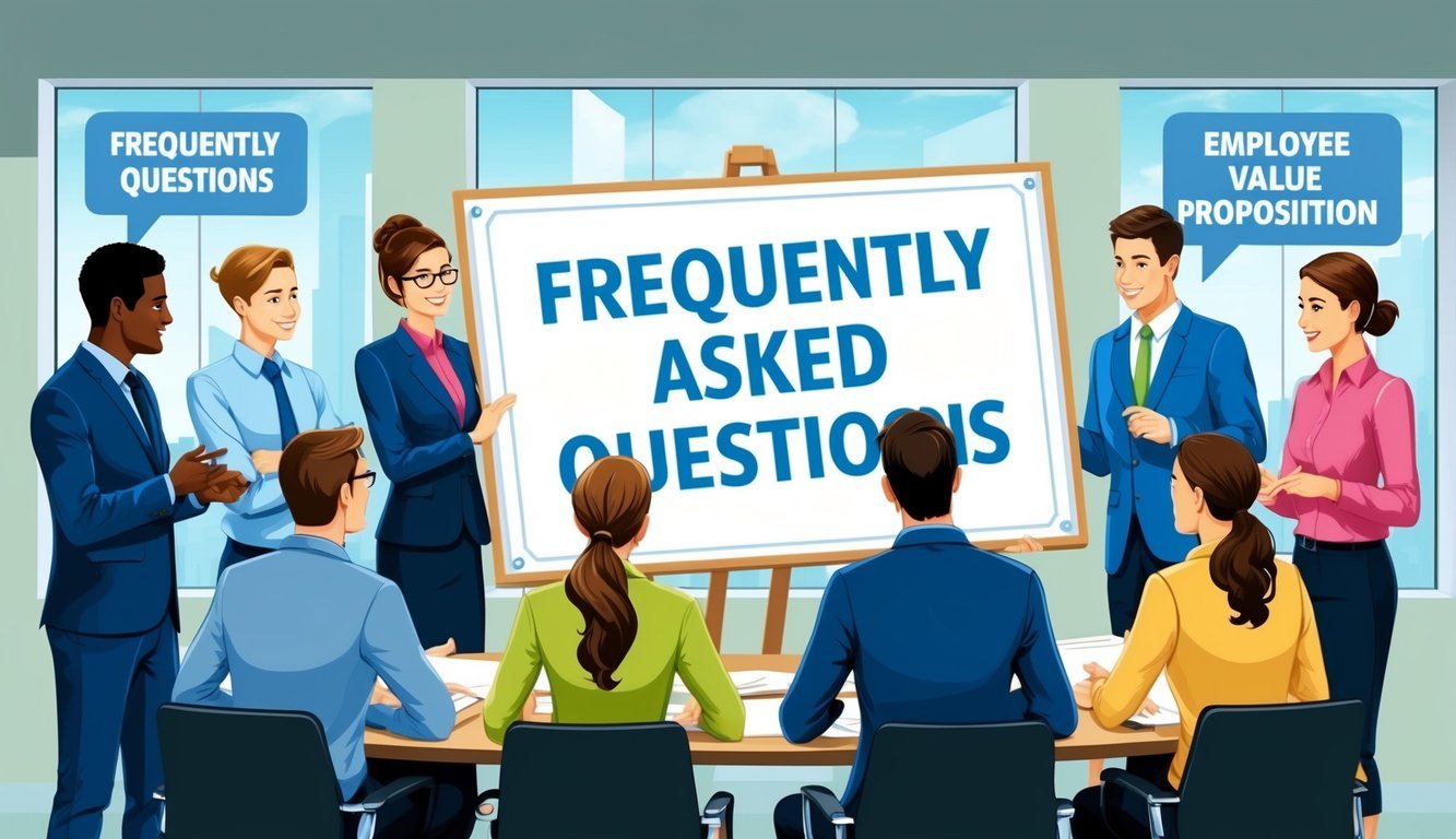 A group of employees gathered around a large sign with "Frequently Asked Questions" and "Employee Value Proposition" written on it, engaging in a discussion