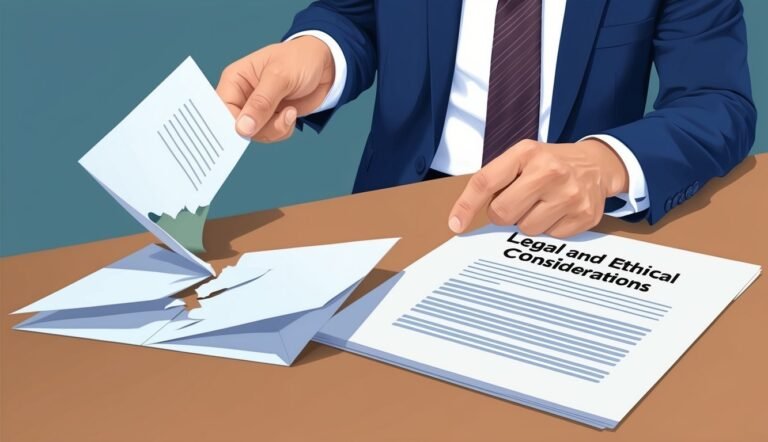 A person in a suit tearing up a document labeled "Legal and Ethical Considerations."