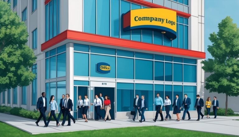 Office building with employees walking outside, company logo sign visible