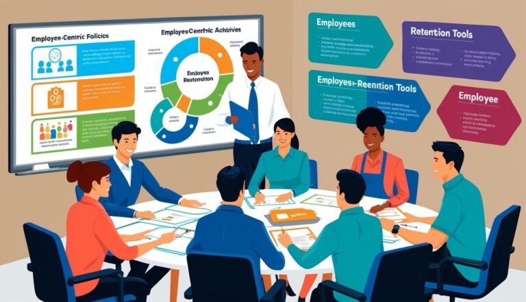 Business meeting with people around a table, discussing employee-centric policies and strategies