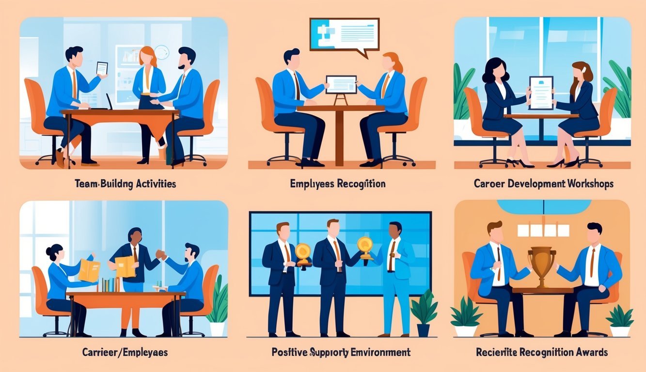 Employees engaged in team-building activities, career development workshops, and receiving recognition awards.</p><p>A positive and supportive work environment is depicted