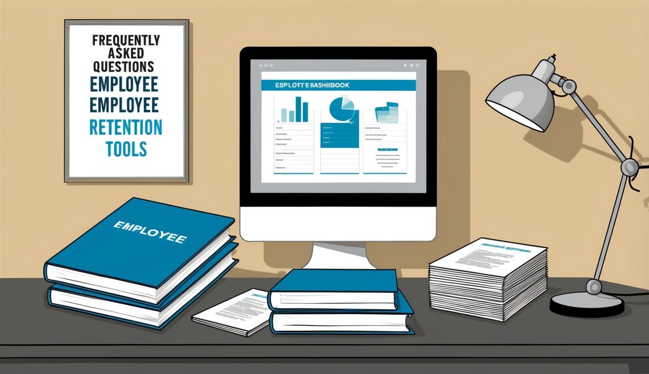 A desk with a computer, employee handbook, and a stack of papers.</p><p>A poster on the wall reads "Frequently Asked Questions Employee retention tools."