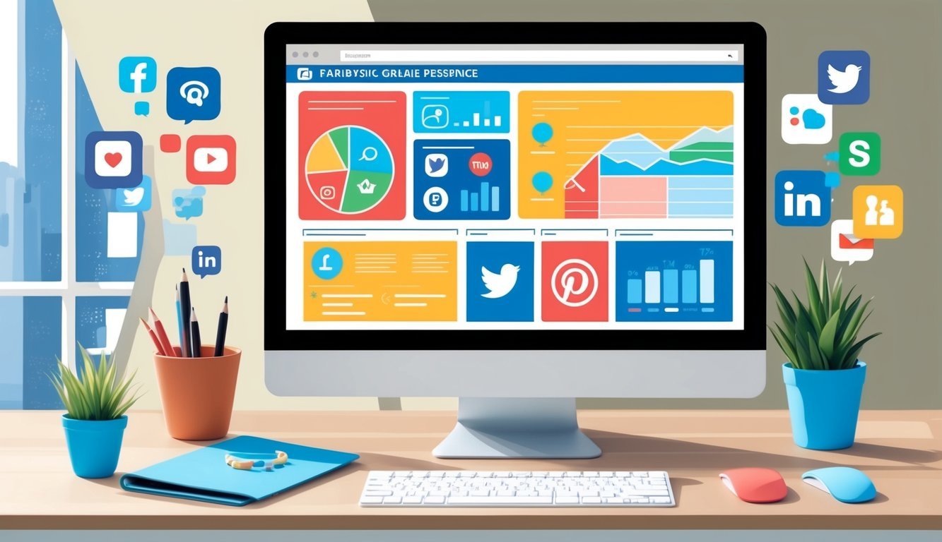 A computer screen displaying various social media icons, graphs, and charts, representing an employer's online presence and analytics