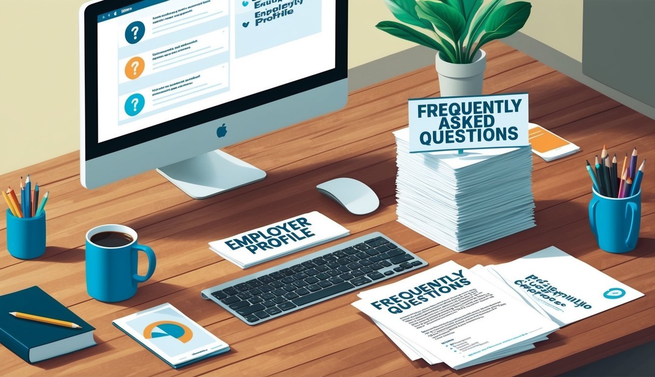 An office desk with a computer, coffee mug, and a stack of papers labeled "Frequently Asked Questions Employer profile."