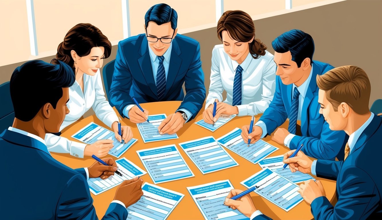 A group of office workers gathered around a table, filling out employee satisfaction surveys with pens and discussing the questions