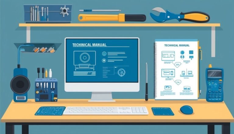 Desk with computer, technical manuals, tools, and a calculator