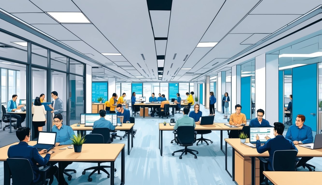 A bustling tech office with employees working at their desks, collaborating in meeting rooms, and brainstorming in a modern, open-concept space