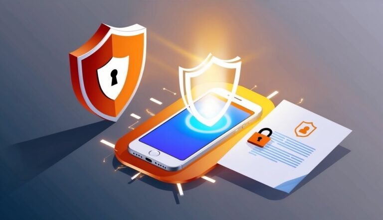 Smartphone with shields, padlock, and document, symbolizing data security and protection