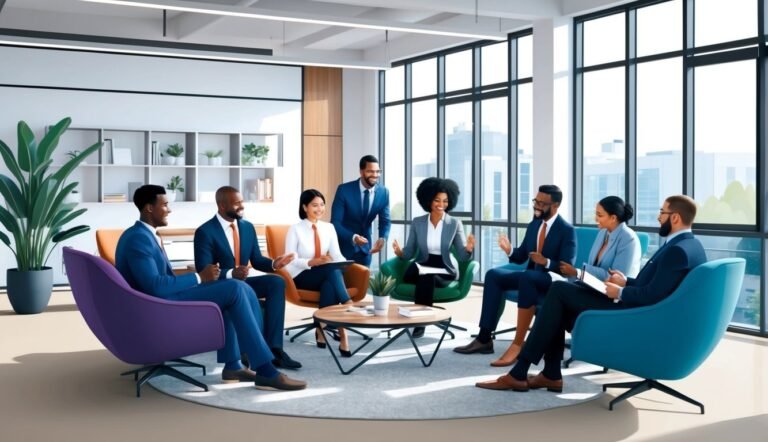 Diverse group of business people in a modern office meeting