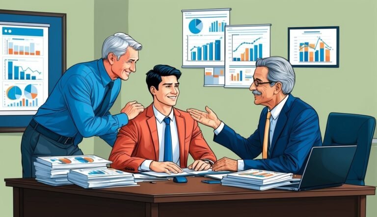 Three businessmen in a meeting, discussing financial data, charts on the wall