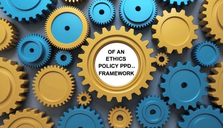 Gears in blue and gold with text: "Ethics Policy Framework" in the center
