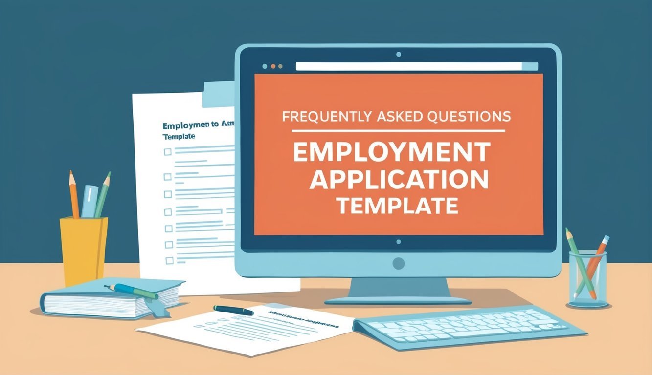 An office desk with a computer, pen, and paper.</p><p>A "Frequently Asked Questions Employment Application Template" displayed on the computer screen