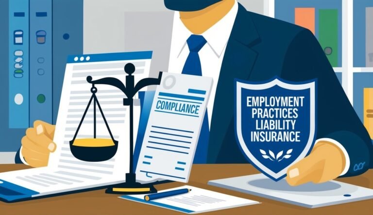 Business person with documents, scales of justice, and employment liability insurance