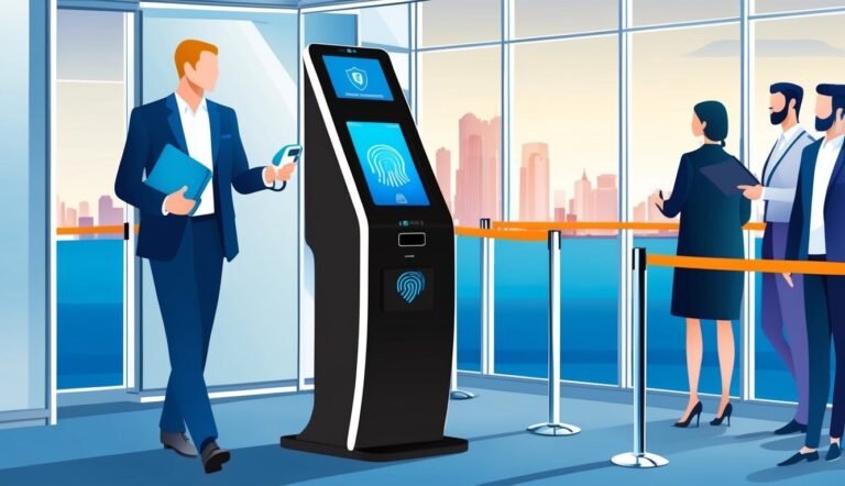 Man using fingerprint scanner kiosk, people waiting in line. City background