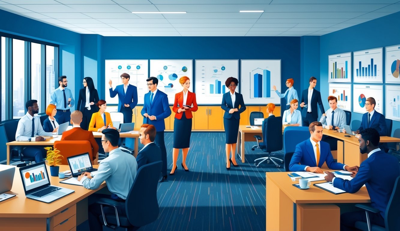 A bustling office with diverse professionals collaborating at desks and in meeting rooms, surrounded by charts and graphs