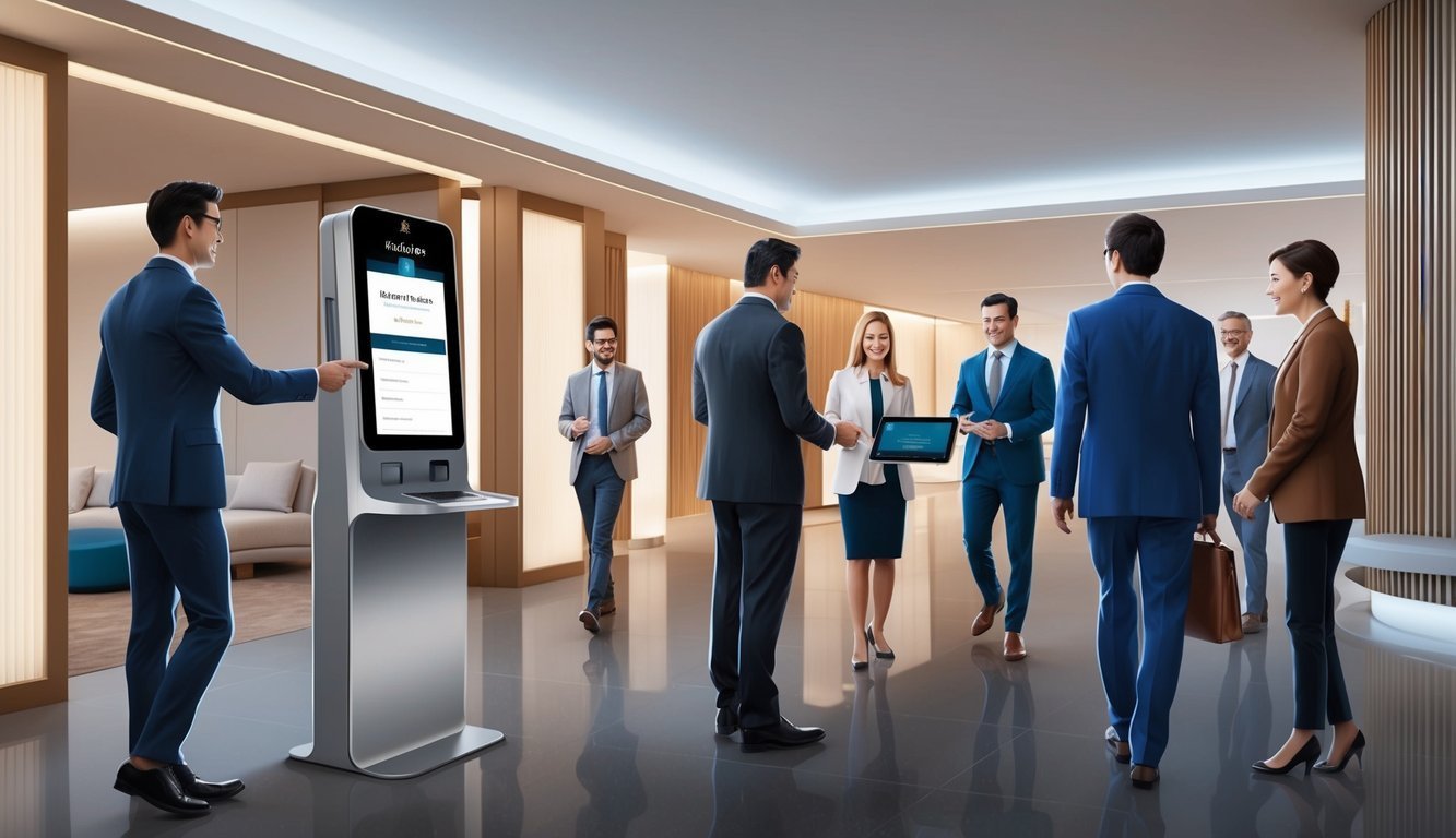 Business people in suits interact with a digital kiosk in a modern office