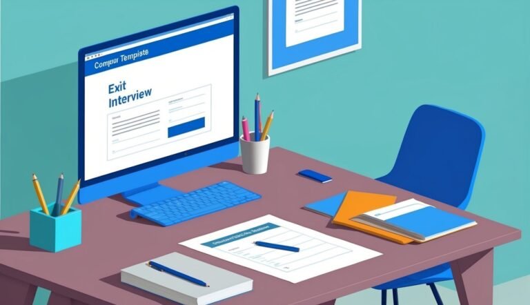 Desk with computer showing exit interview form and office supplies