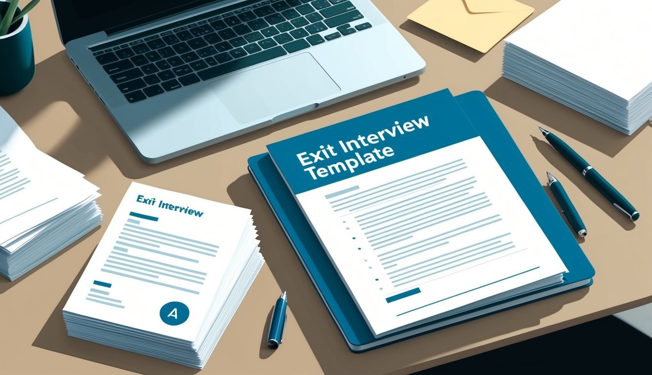 A neatly organized desk with a laptop open to a document titled "Exit Interview Template," surrounded by a stack of papers and a pen