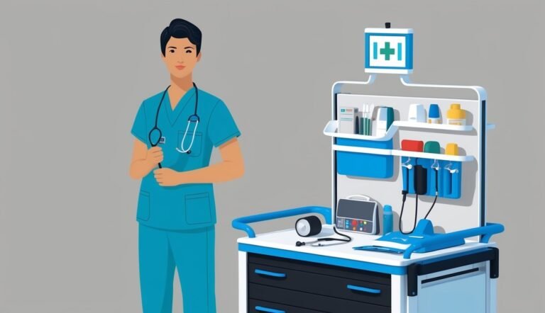 Nurse with stethoscope stands next to medical cart with supplies