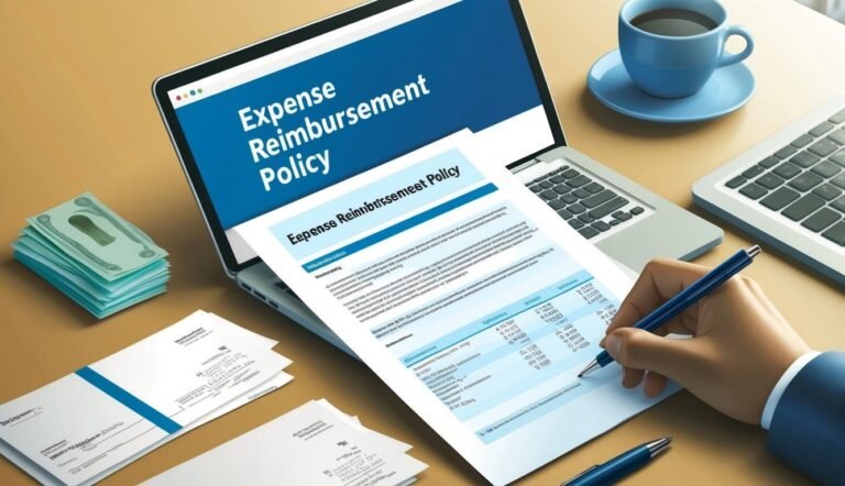 Laptop displaying expense reimbursement policy, with hand writing on document