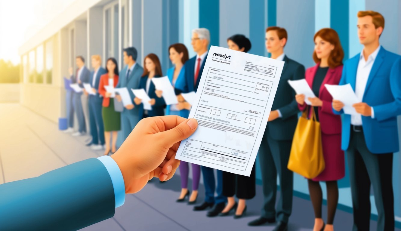 A hand holding a receipt and a form with checkboxes and signatures.</p><p>A line of people waiting with documents