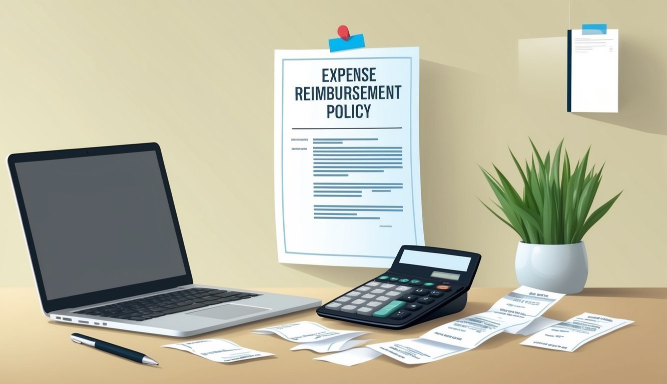 A desk with a laptop, calculator, and receipts scattered around.</p><p>A document titled "Expense Reimbursement Policy" is pinned to the wall