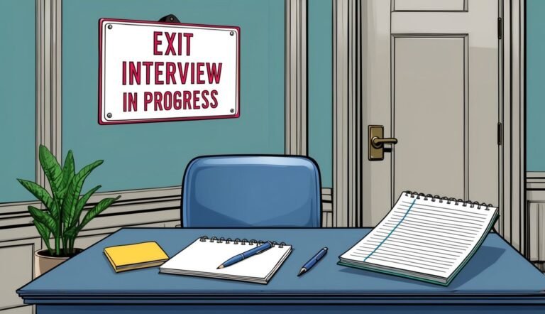 Office scene with "Exit Interview in Progress" sign and desk supplies