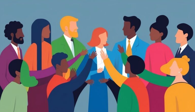Diverse group of people surrounding a woman, reaching out hands