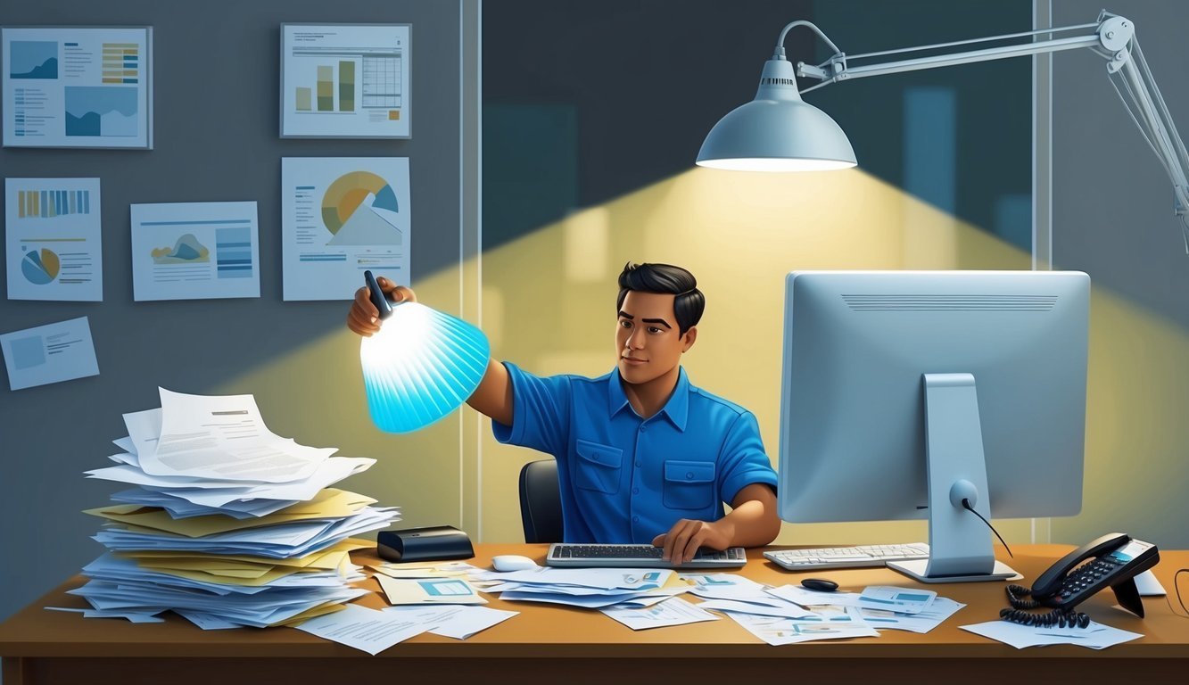 Man at desk holding a glowing blue light over paperwork and computer