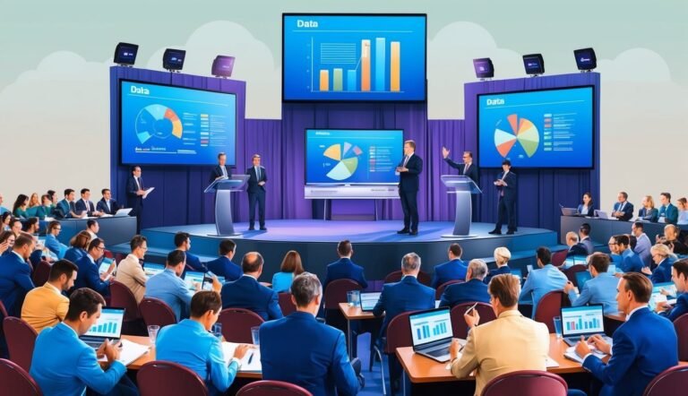 Business conference with presenters, data charts, and audience with laptops