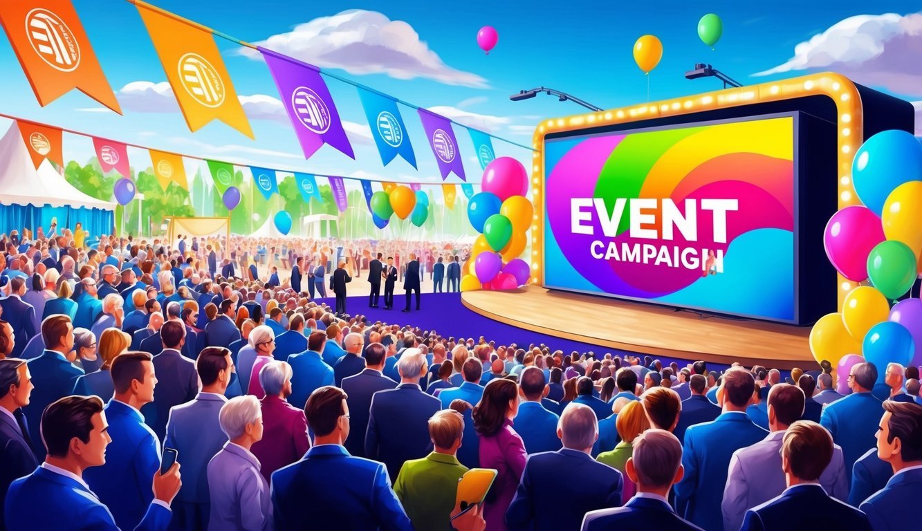 A vibrant event campaign with colorful banners, balloons, and a bustling crowd of people.</p><p>A stage is set up with a large screen displaying the event logo