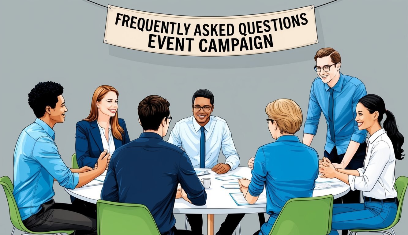 A group of people gathered around a table, engaging in conversation and exchanging information.</p><p>A banner with the words "Frequently Asked Questions Event campaign" hangs in the background