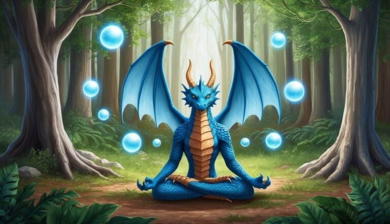 Blue dragon meditating in a forest with glowing orbs